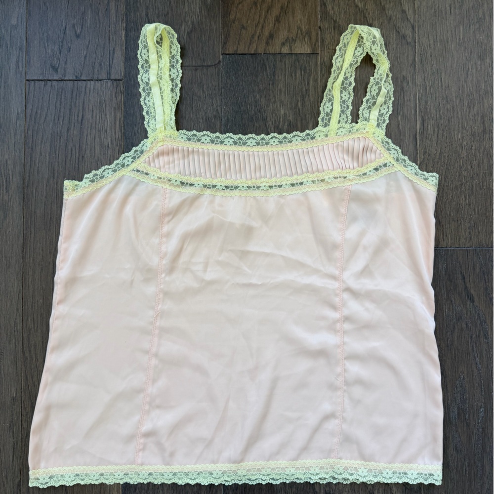 Silky coquette top ~ Old Navy Pale Pink Lace-Trim Cami with Yellow Lace Straps